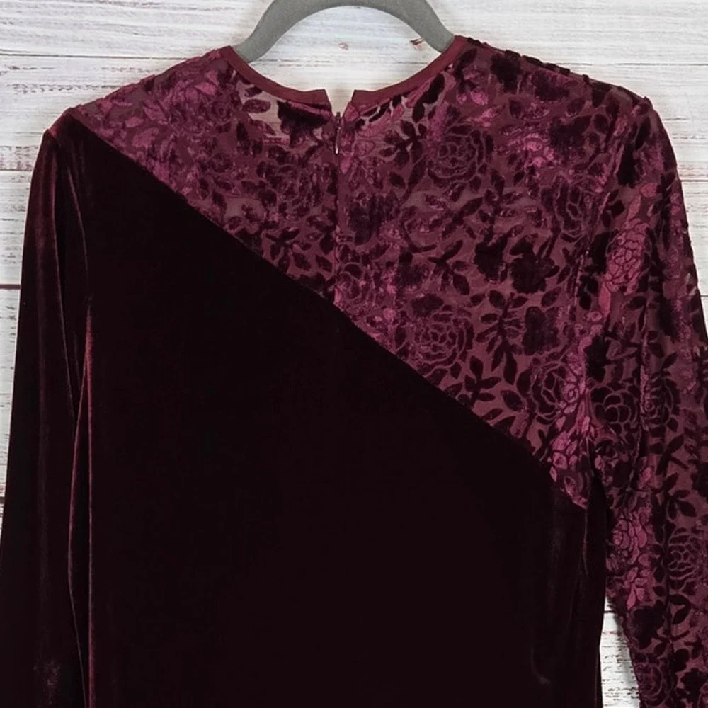 Coldwater Creek Vtg Velvet Lace Burgandy Midi Dress 10 Long Sleeve Romantic Vamp